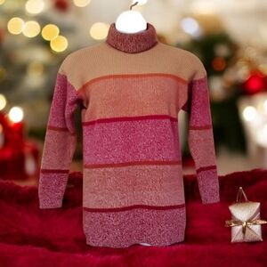 Vintage Together Color block Turtleneck Sweater Angora Lambswool Pink Orange Red